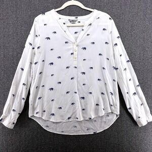 Bass Womens Elephant Print Henley Blouse White Navy Blue Long Sleeve Medium